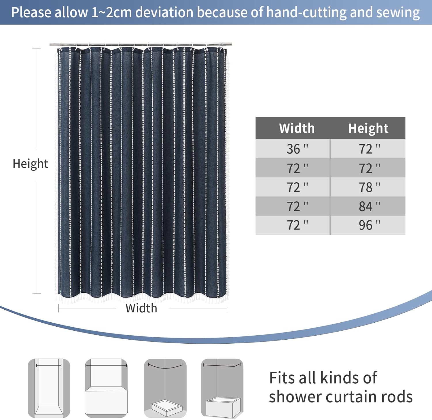MitoVilla Boho Farmhouse Shower Curtains for Modern Farmhouse Bathroom Decor, Navy Country Thick Polyester Linen Fabric Shower Curtain, Rustic Tassel Cloth Shower Curtain, 72 x 72, Navy