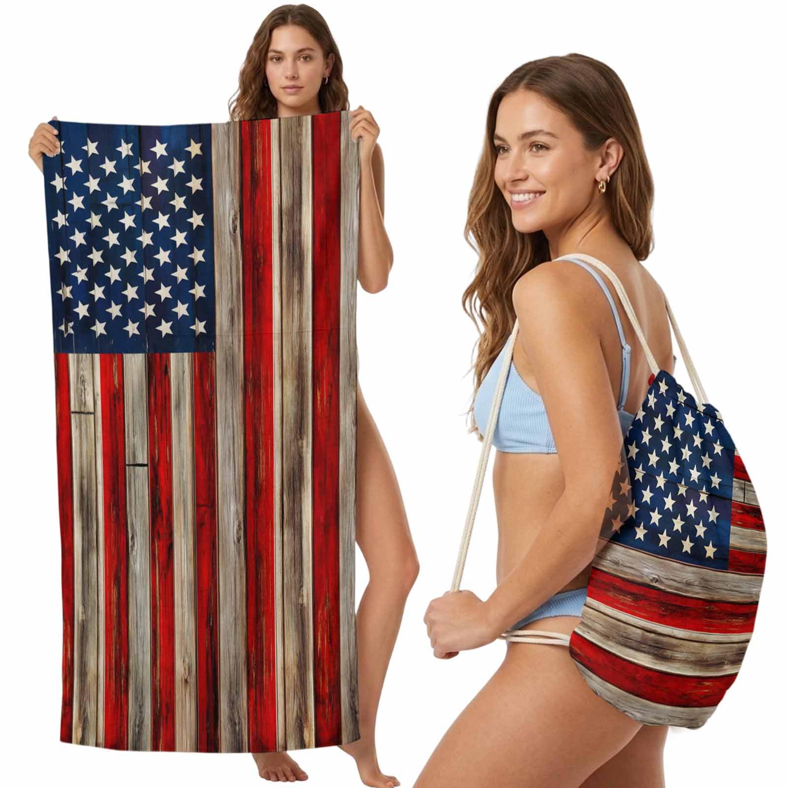 4th of July Beach Towel Bag 2 in 1 American Flag Bath Pool Towels Backpack Vintage USA National Flag Absorbent Beach Towel Soft Quick Dry Towels Drawstring Bag for Travel Camping Sports Picnic