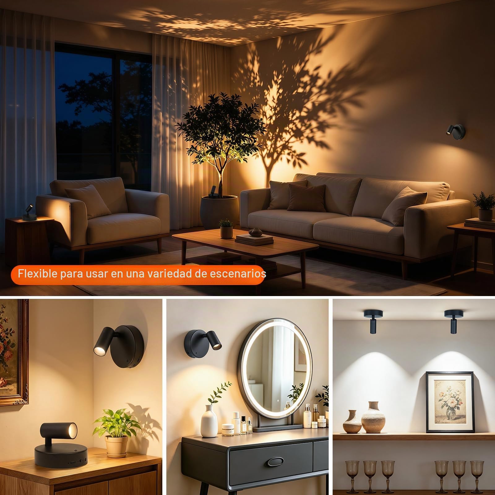Ketom Aplique Pared Interior Regulable, Lampara Pared sin Cable, Foco LED Recargable, 3 Temperaturas de Color, con Control Remoto, Giratorio, para Planta Obras Arte Habitación Estar, Negro, 1 Pieza