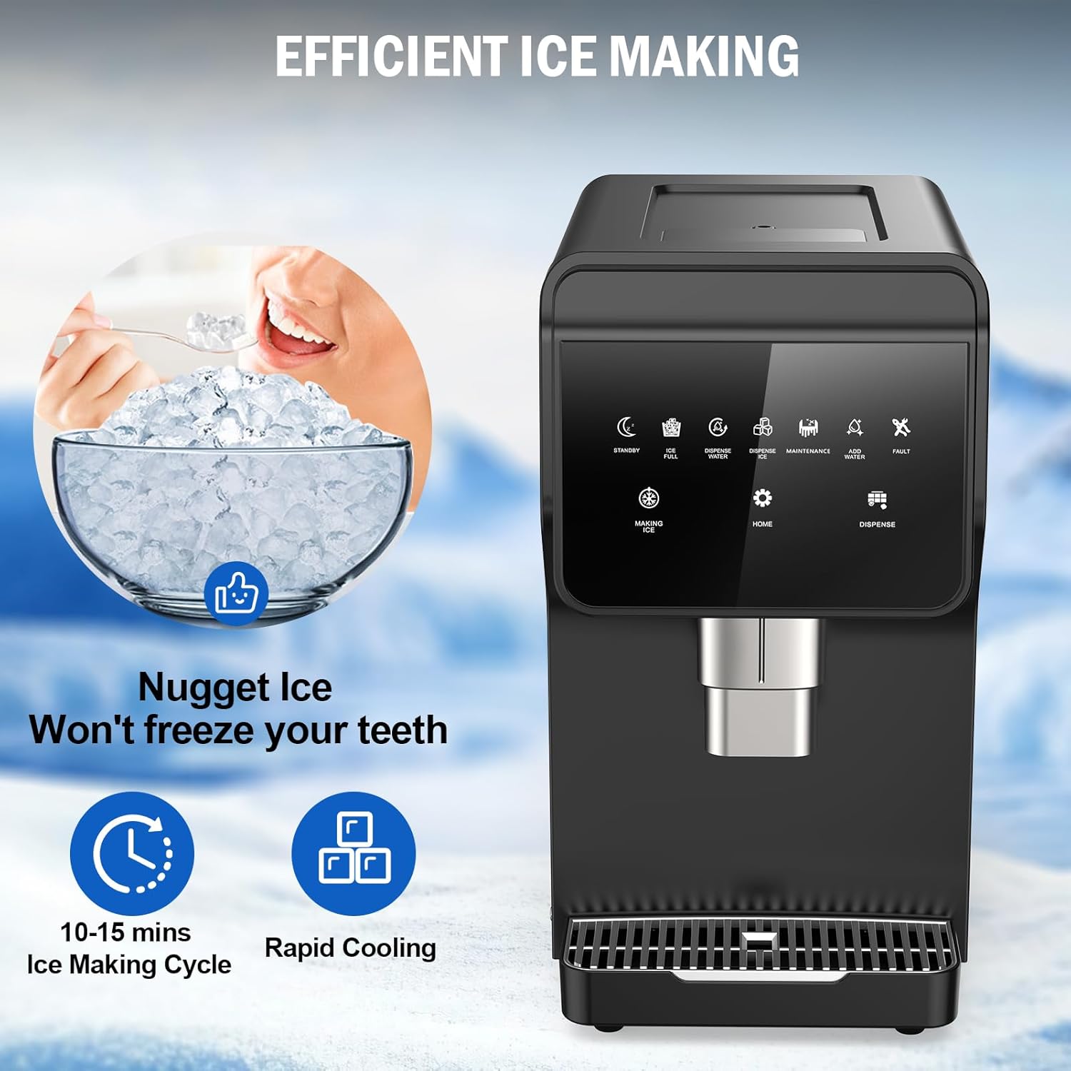 Nugget Ice Maker Countertop 50 LBS/Day, 5 LBS Ice Bin, Water Dispenser Countertop, Soft Chewable Pellet Ice Maker Machine Stainless Steel, Nugget Ice Machine for Home Bar Kitchen Office, Self-Cleaning