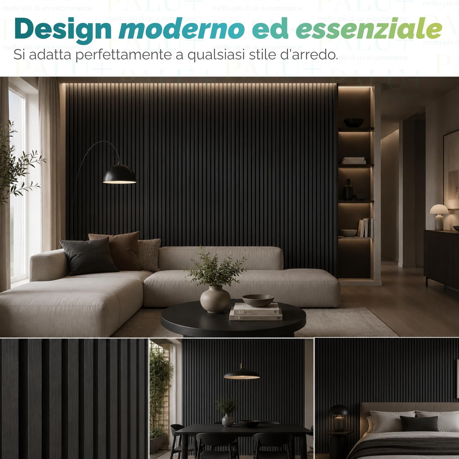 Paluplus Set 4 Pannelli Fonoassorbenti con Doghe Effetto Legno, Misura 120x60 cm - 2,88 ㎡, Pannello 3D Spessore da 2,1 cm, Rivestimento Acustico Decorativo per Pareti e Soffitti -4544M -22 (Nero)