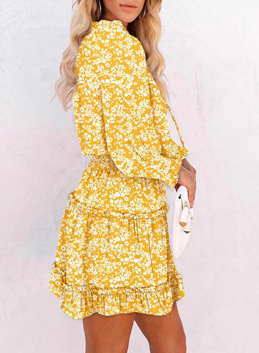 Dokotoo Spring Dresses for Women 2026 Boho Floral Drawstring V Neck Smocked Long Sleeve Ruffle Tiered Chiffon Mini Dress - Image 3