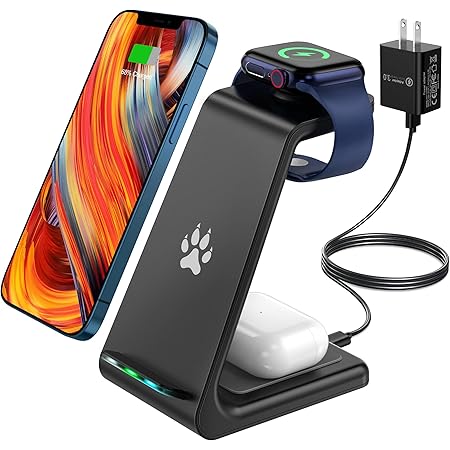 3 in 1 Wireless Charging Station, 2022 Upgraded 15W Fast Wireless Charger Stand Dock Compatible with Apple Watch 7 SE 6 5 4 3 2, Airpods 3/Pro/2 and iPhone 13, 12, 11, Pro, Pro max, Xs, Xr, X(Black)