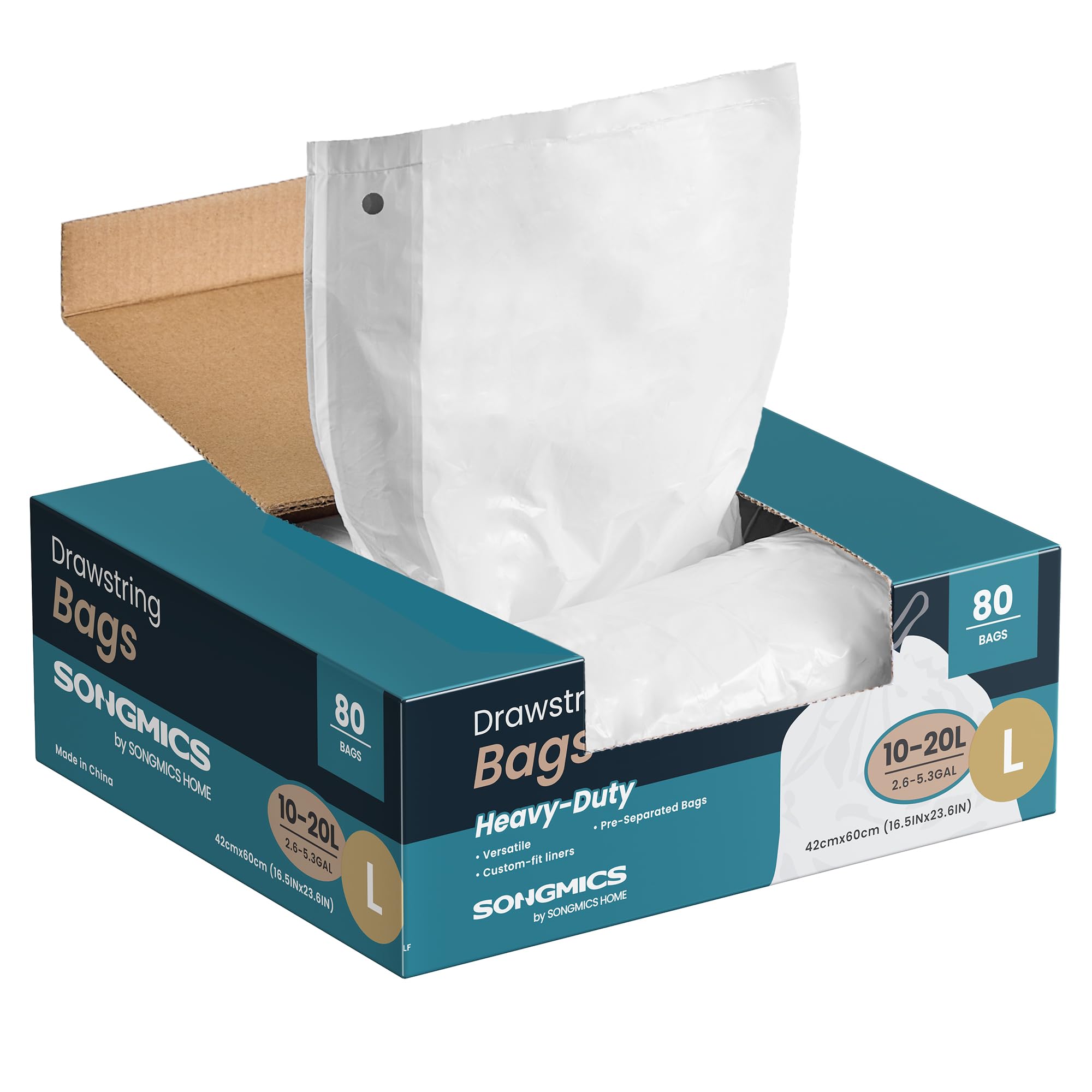 SONGMICS Heavy-Duty Bin Bags, Drawstring Rubbish Bags for 5.3 Gallon (20 L) Kitchen Bins, Pre-Separated, Quick-Dispense Box, Liner Code L, 2 Rolls, 80 Pieces, White KRB021A02