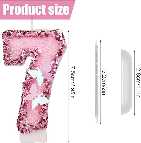 Miniatura 2 de Velas de números de cumpleaños de 2.95 pulgadas, velas de números rosa con purpurina para decoración de pastel, velas de cumpleaños de mariposa