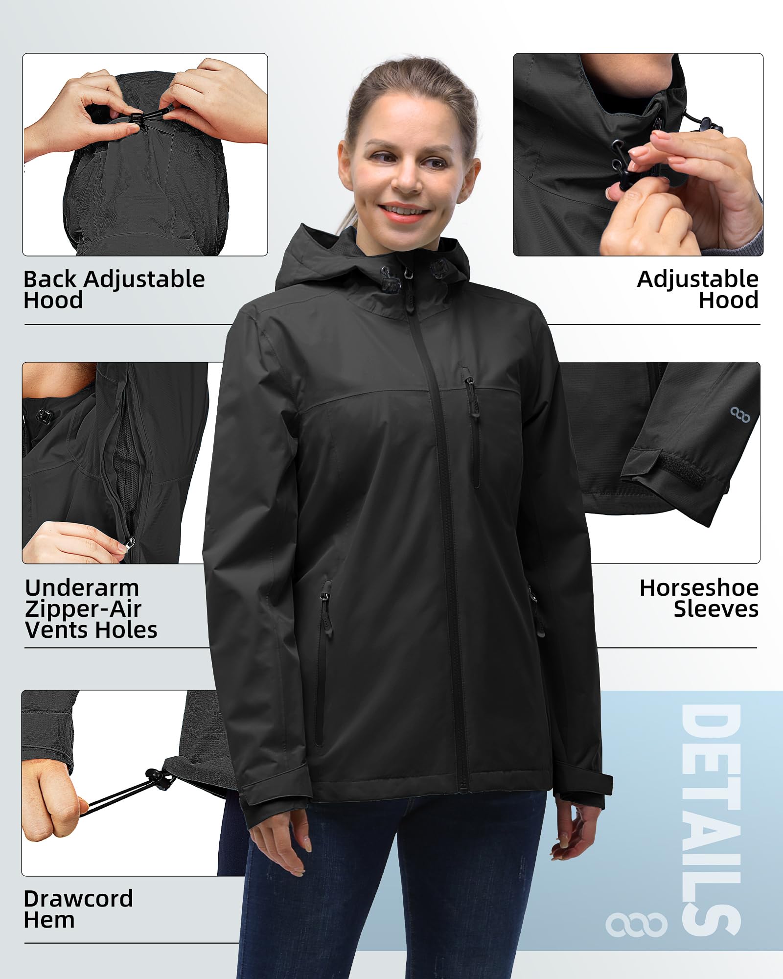 33,000ft Veste de pluie Femmes, imperméable imperméable léger avec manteau respirant emballable à capuche idéal pour la course à pied et à la randonnée(Noir-M)