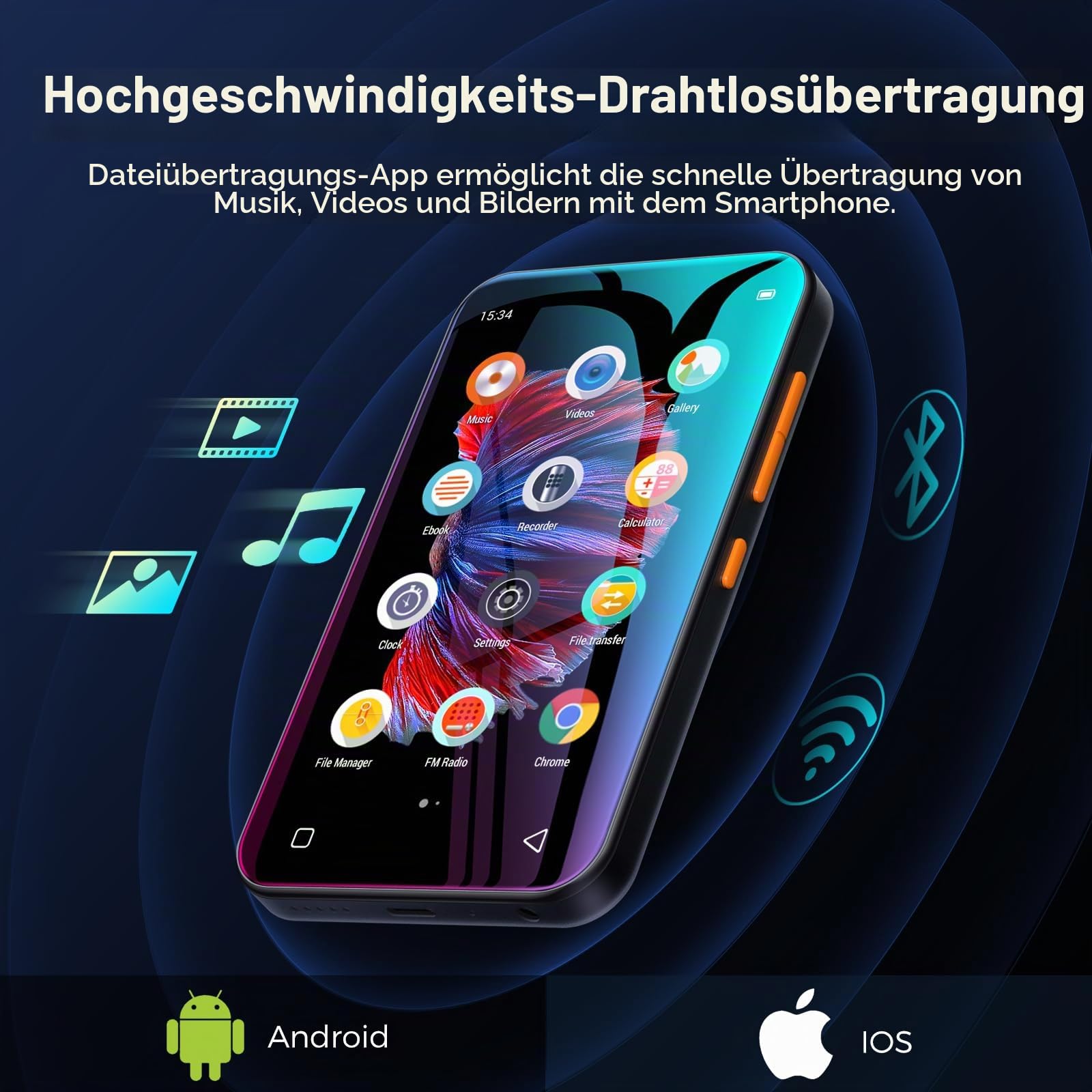 WiFi-MP3-Player mit Bluetooth, TIMMKOO 4,0-Zoll-Voll-Touchscreen-MP3-MP4-Player, tragbarer HiFi-Sound, digitaler Walkman-Musikplayer mit UKW-Radio, Rekorder, E-Book, Uhr, Browser (Schwarz)