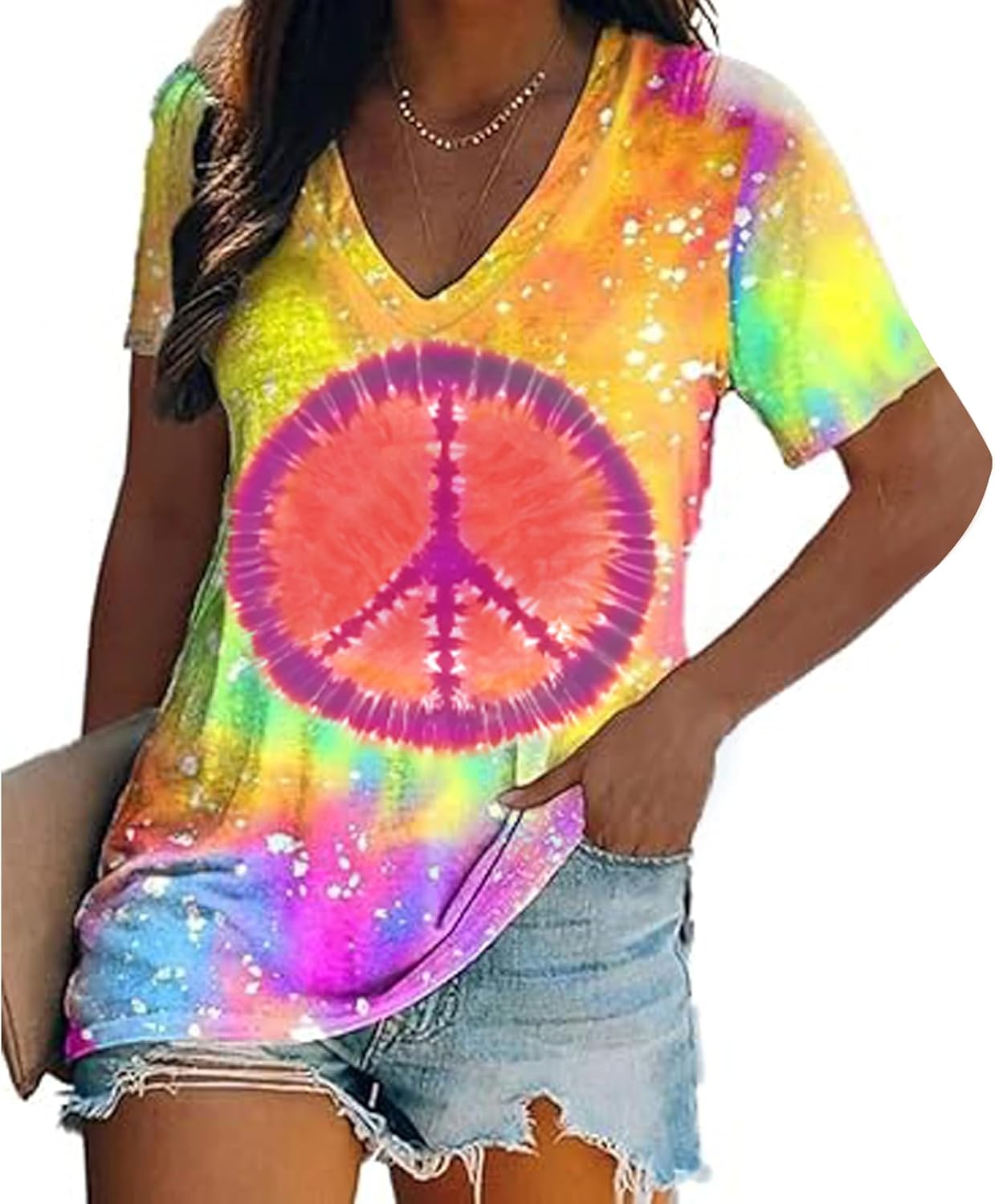 Women Hippie Shirt 60s 70s Peace Love Graphic Tie Dye V-Neck Tshirt Vintage Hippie Style Tee Tops