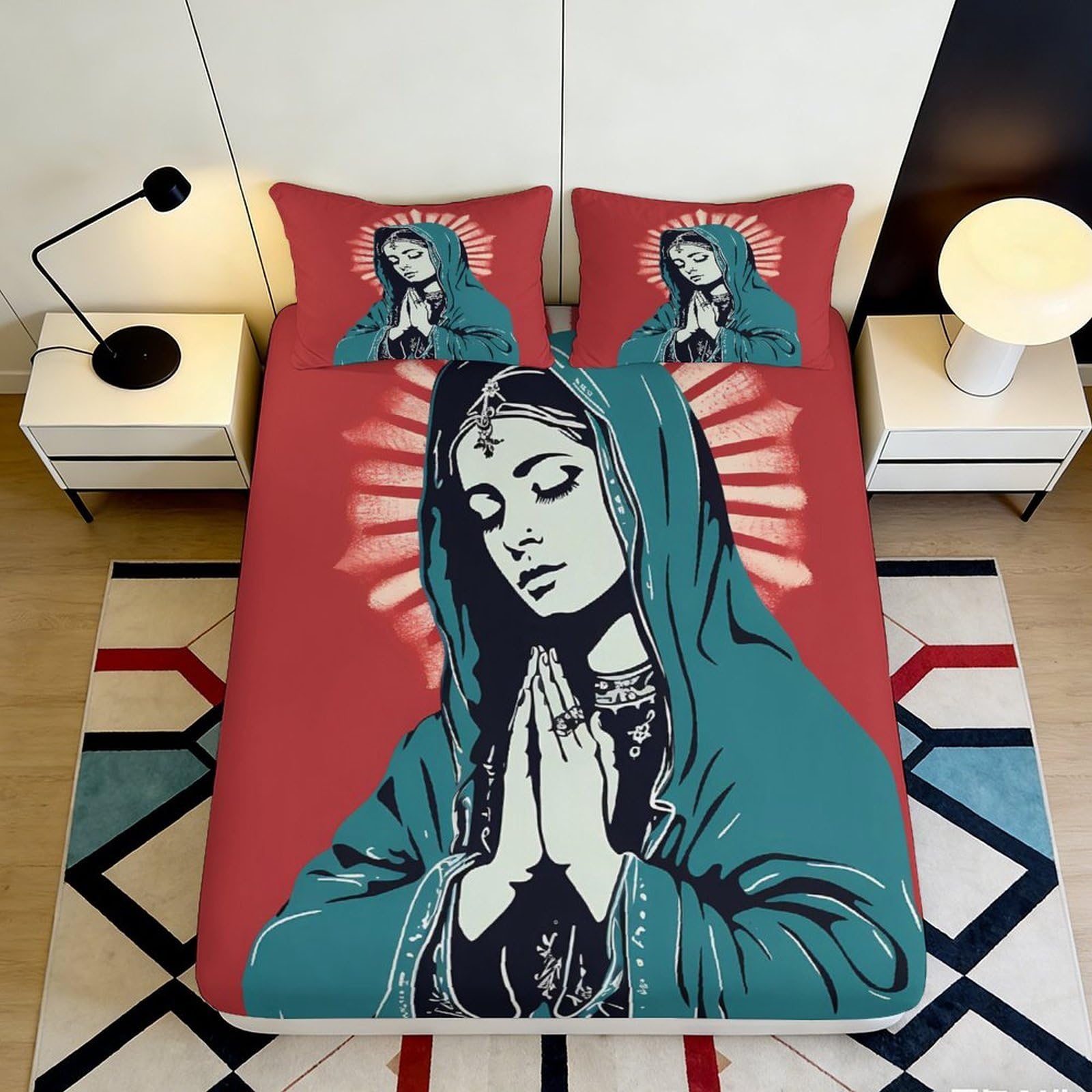 3D Printed Virgin Mary Fitted Sheet Microfiber Anti-Slip Red Religious Bed Cover for Bedroom Dorm Mattress Protection 90x200x25cm