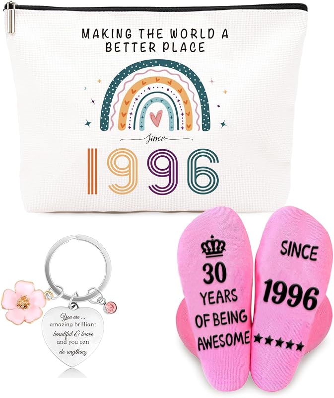 Funny 30th Birthday Gifts for Women – Retro Water-Resistant Makeup Bag, Personalized Socks & Inspirational Keychain, Cute 30th Birthday Gift Set for Bestie, Sister, Friend(1996)