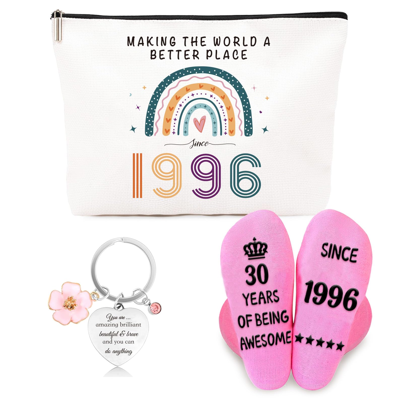 Funny 30th Birthday Gifts for Women – Retro Water-Resistant Makeup Bag, Personalized Socks & Inspirational Keychain, Cute 30th Birthday Gift Set for Bestie, Sister, Friend(1996) - 1