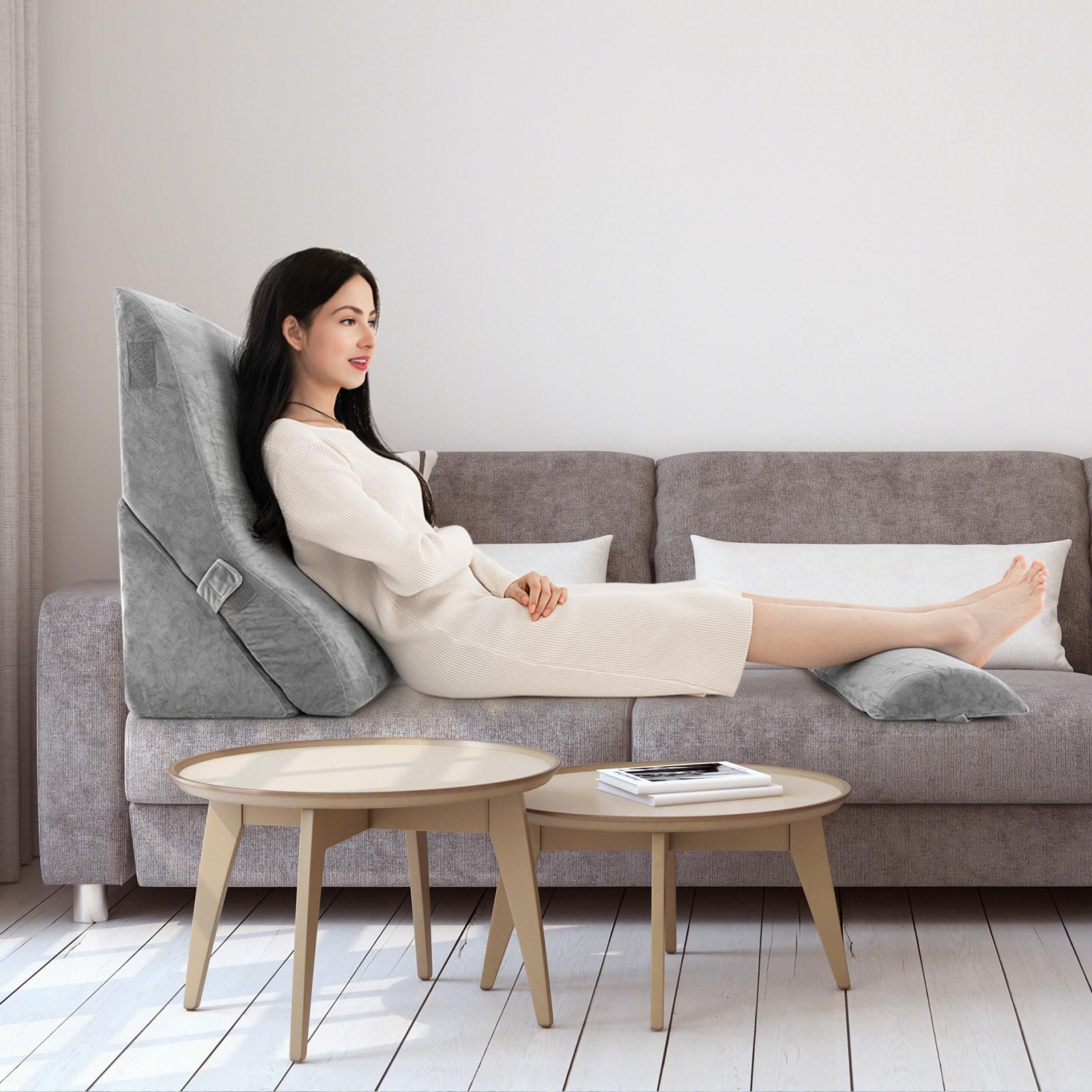 GOPLUS Juego de 3 cojines de cuña con cojín cervical extraíble y funda lavable, cojín de respaldo con espuma viscoelástica, soporte para la espalda, cojín de lectura para cama y sofá