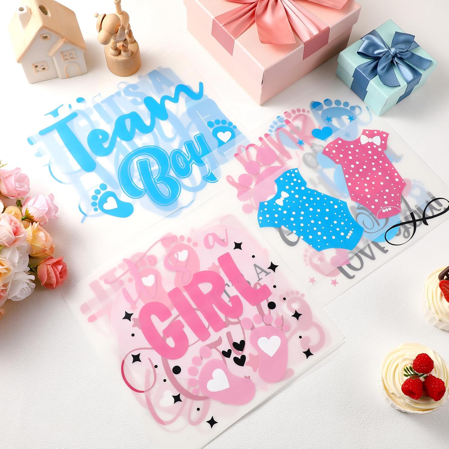 Fuutreo 30 Sheets Gender Reveal Heat Transfer Stickers Gender Themed Iron on Transfers Designs Decals Boy or Girl Vinyl Iron on Patches Appliques for Baby Shower Clothes Bag DIY Crafts