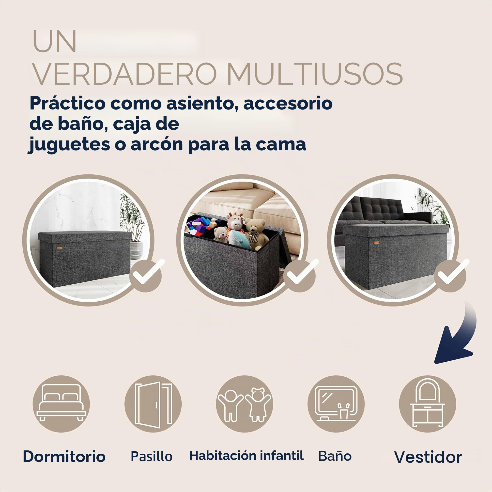 CASARIA® Banco Almacenaje Plegable Puff Reposapiés Otomana Almacenamiento Salón Dormitorio Capacidad Carga 300kg Resistente Efecto Lino 80x40x40cm Gris Oscuro