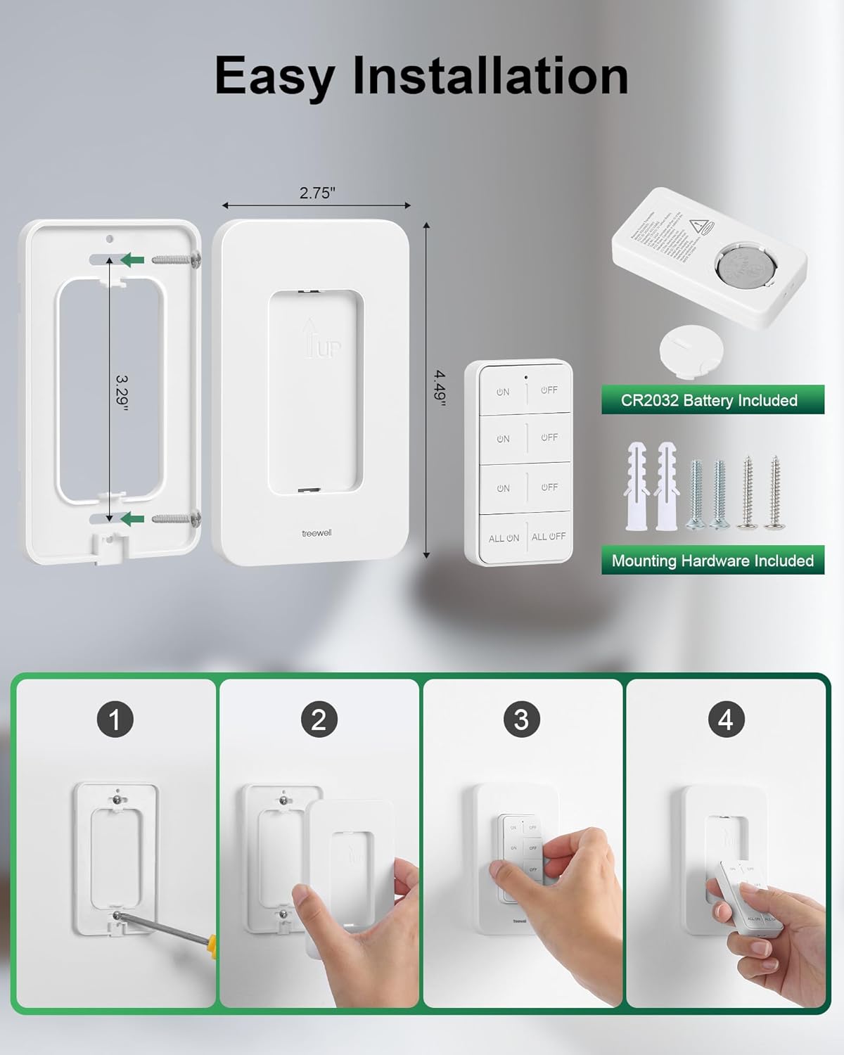 Remote Control Outlet Wireless Wall Mounted Light Switch, Programmable and Expandable Remote Light Switch Kit, No Wiring Needed, 200 Ft RF Range, 15A/1875W, Compact Design, ETL Listed 3 Outlet + 1 Wall Switch image 5 of 7 B0DK92T5T6