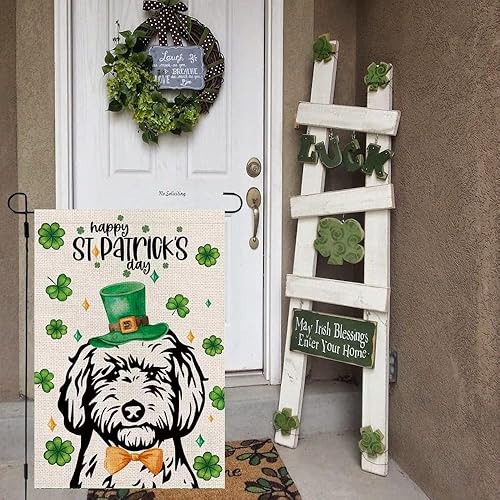 Miniatura 3 de Bandera de jardín del Día de San Patricio, tréboles de perro con garabatos dorados, tréboles, vertical, doble cara, decoración de patio al aire