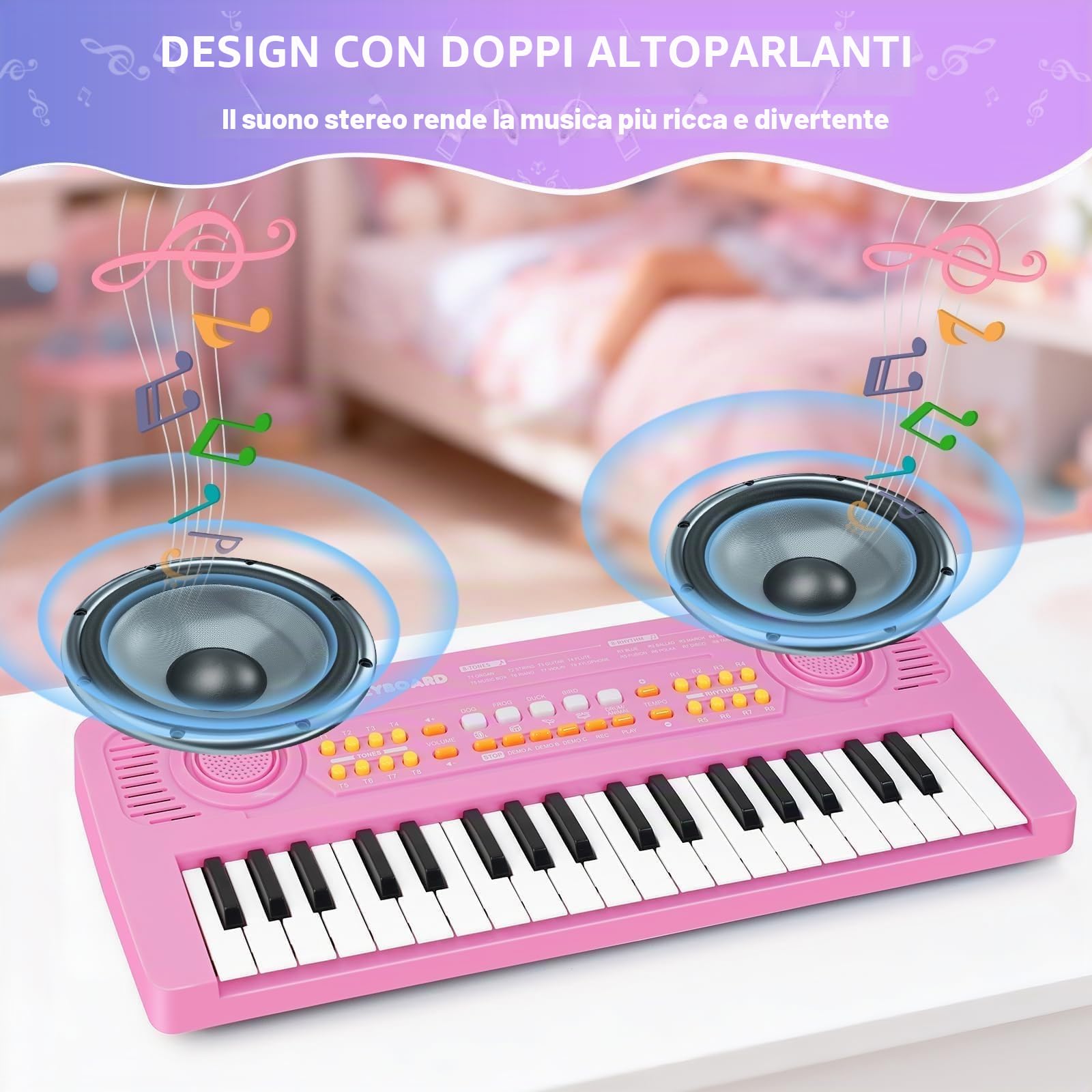 Pianola Tastiera Bambini Giocattolo Educativo con Microfono 37 Tasti Portatile Musicale Elettronica Pianoforte per Principianti Ragazzi Ragazze Regali di Compleanno e Natale di 3 4 5 6 7 Anni, Rosa