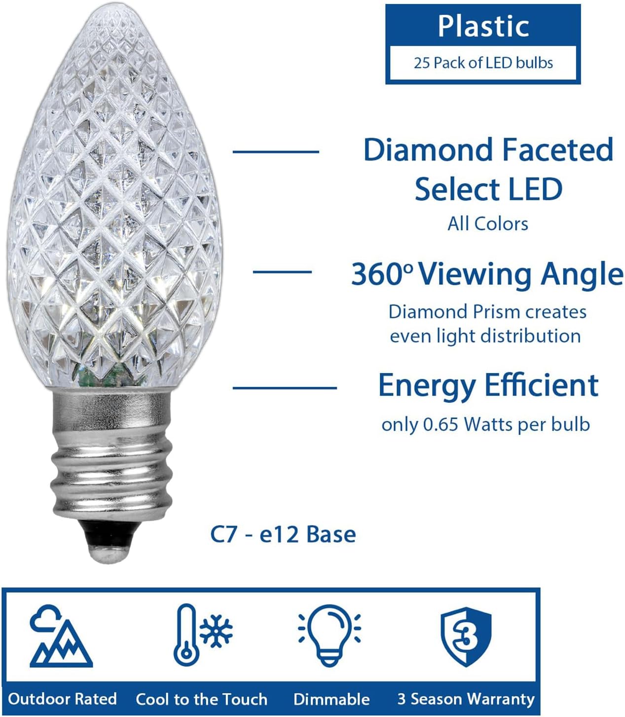 Novelty Lights 25pk C7 LED Faceted Ultra Bright Dimmable Outdoor Christmas Light Replacement Bulbs LED Replacement Bulbs, LED Bulbs, Outdoor Light Bulbs String Light Bulbs (Pure White)