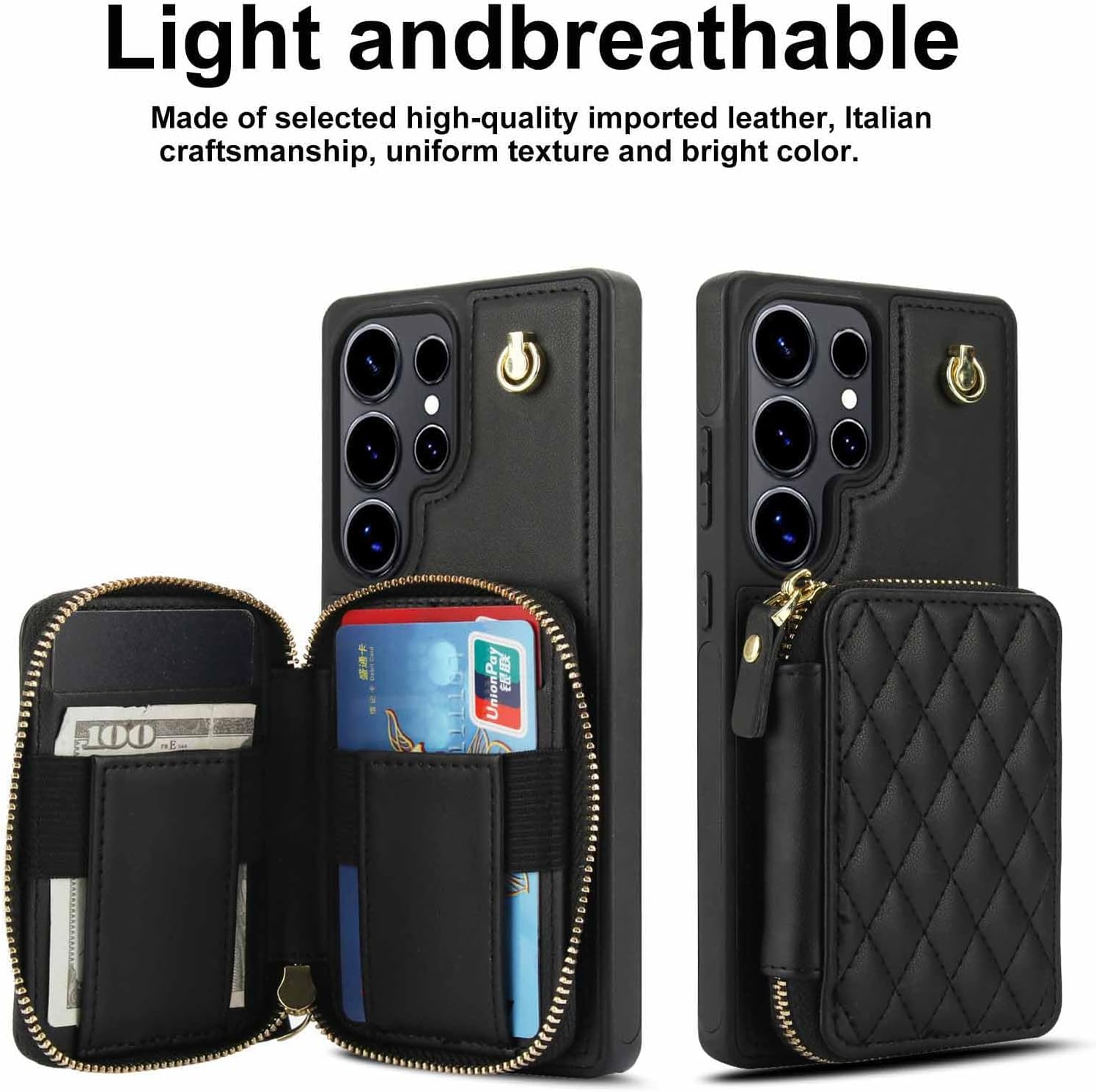 Phone Case for Samsung Galaxy S24 Ultra 5G Wallet Cell Cover with Tempered Glass Screen Protector Wrist Crossbody Strap RFID Blocking Credit Card Holder TPU S24Ultra 24S S 24 24Ultra Women Girls Black