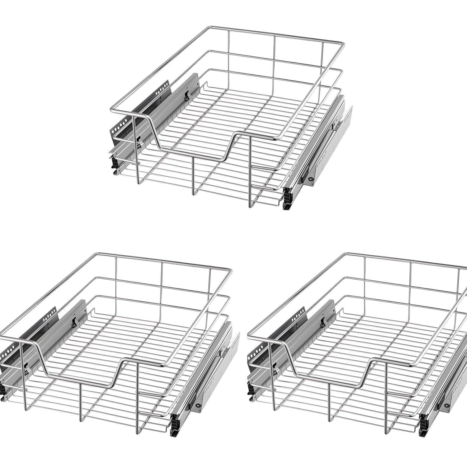 GREENSAPPIRE Pull-Out Telescopic Kitchen Basket Drawer | Fits 40cm Cabinets (37cm Internal Width) | Chrome Finish | Full Extension | Heavy-Duty 20kg Load | Space-Saving Storage Organiser (3PC)