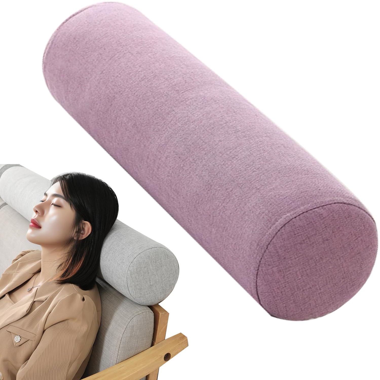 RTSFKFS Couch Roll Bolster Pillow Cotton and Linen Neck Round Pillows With Memory Foam Padding CervicalSupport Pillow for Head, Neck, Back, Legs and Yoga(Purple,40x20cm)