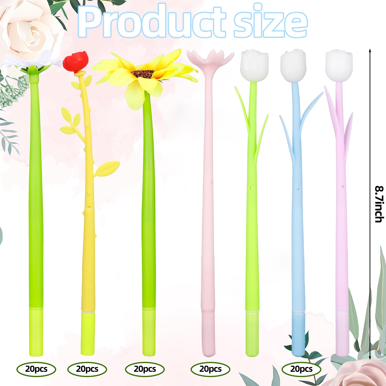 Teling 100 penne a sfera a forma di cactus, 5 stili che cambiano colore, 0,5 mm, inchiostro gel nero, penne a sfera con giglio, penne a sfera a tulipano, girasole, rosa, per scuola, casa, ufficio