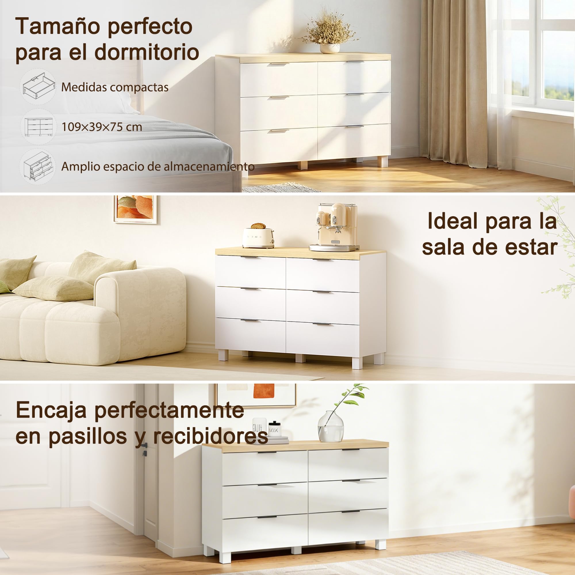 Comoda Dormitorio 6 Cajones, Cajonera Dormitorio,109×75×39 cm, Sinfonier Blanca, Gavetero Dormitorio, Mueble de Almacenamiento para Adulto (Blanca)