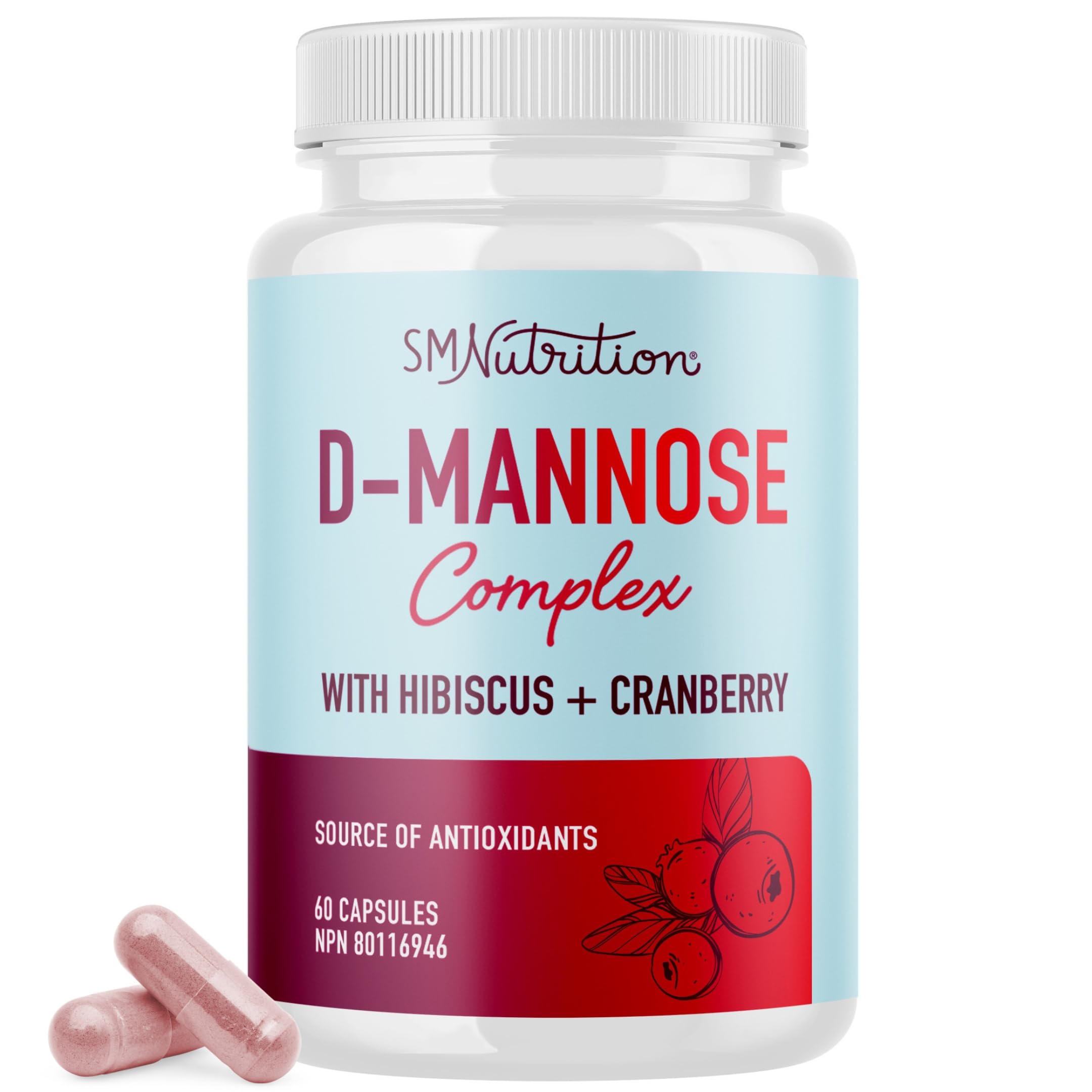 D Mannose Capsules | 1000mg [High Potency] D-Mannose & Cranberry Pills for Urinary Tract Treatment with Cranberry Supplement, Dandelion & Hibiscus | D-Mannose UTI Support | Made in Canada | 60 Ct.