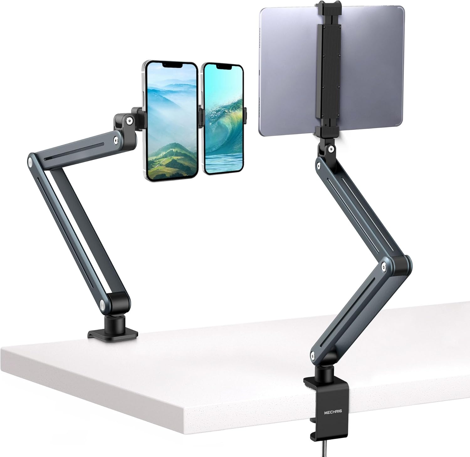 Aluminum Tablet Stand Holder - 360° Adjustable & Foldable Phone iPad Holder for Desk Mount, Dual-Device Desk Clamp for iPad Pro/Air/Mini, Samsung Galaxy Tab, Kindle, Phones 4-13"-931010