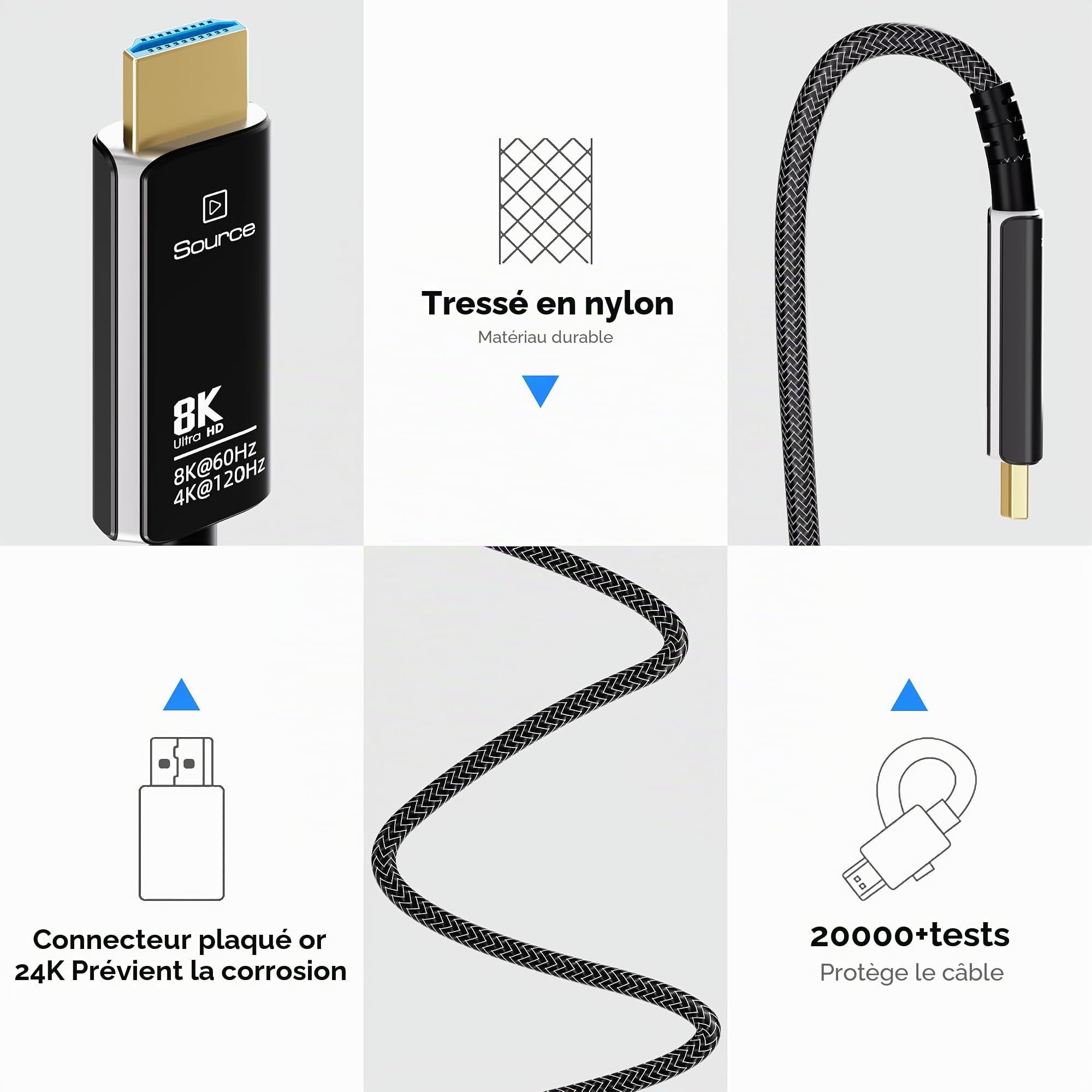 Câble HDMI Fibre Optique 8K 4K 10M, Câble HDMI 2.1 Optique Tressé en Nylon Ultra Haute Vitesse, 8K@60Hz 4k@120/144Hz HDR eARC 3D Dolby HDCP 2.2 pour PS5, Xbox Series X, PC, TV