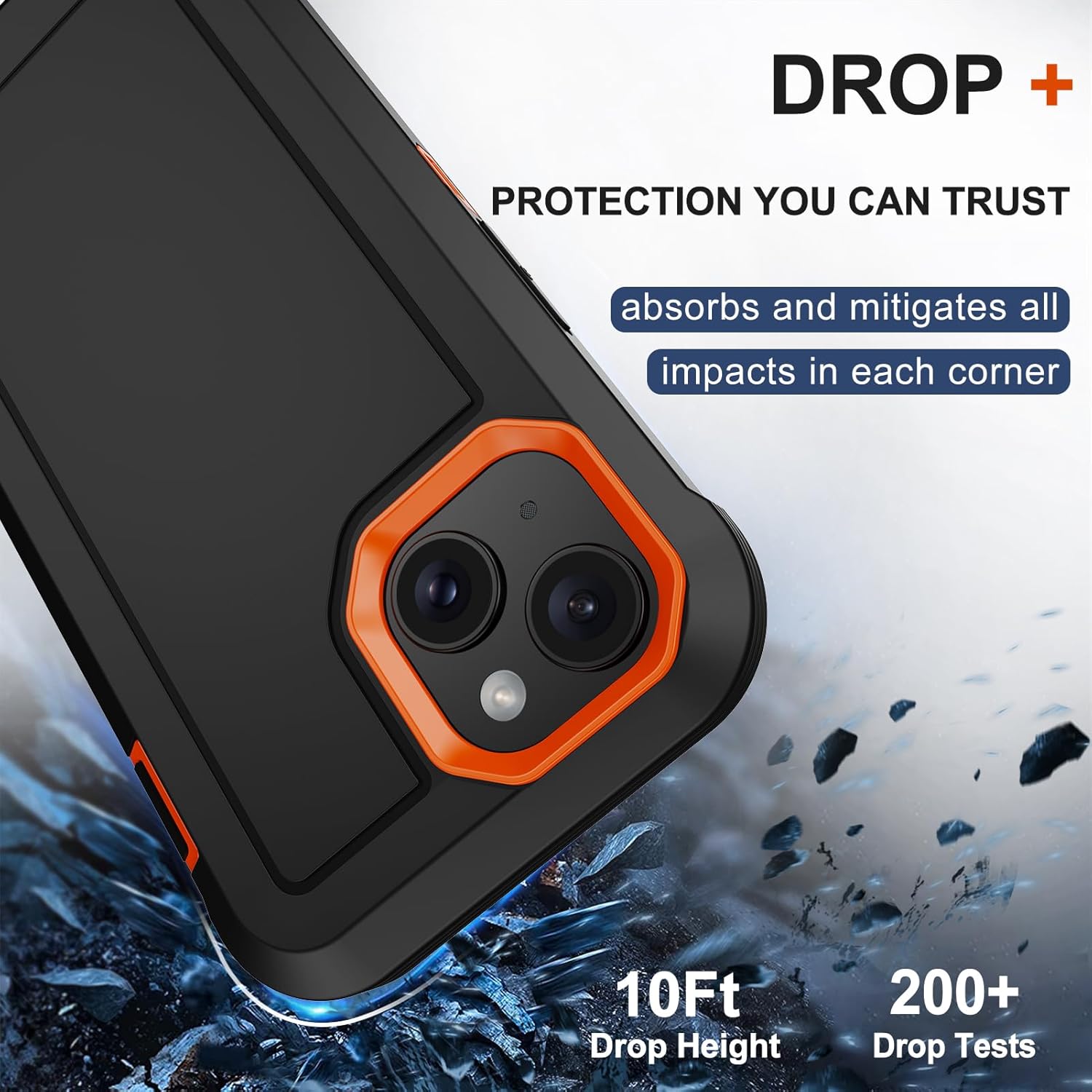 RubCase for iPhone 15 Case 6.1” with Belt Clip Holster, 2X Screen Protector, Heavy Duty Military Grade Full Body Shockproof Dust-Proof Drop Proof Rugged Protective Cover for iPhone 15 (Black/Orange) - Image 4