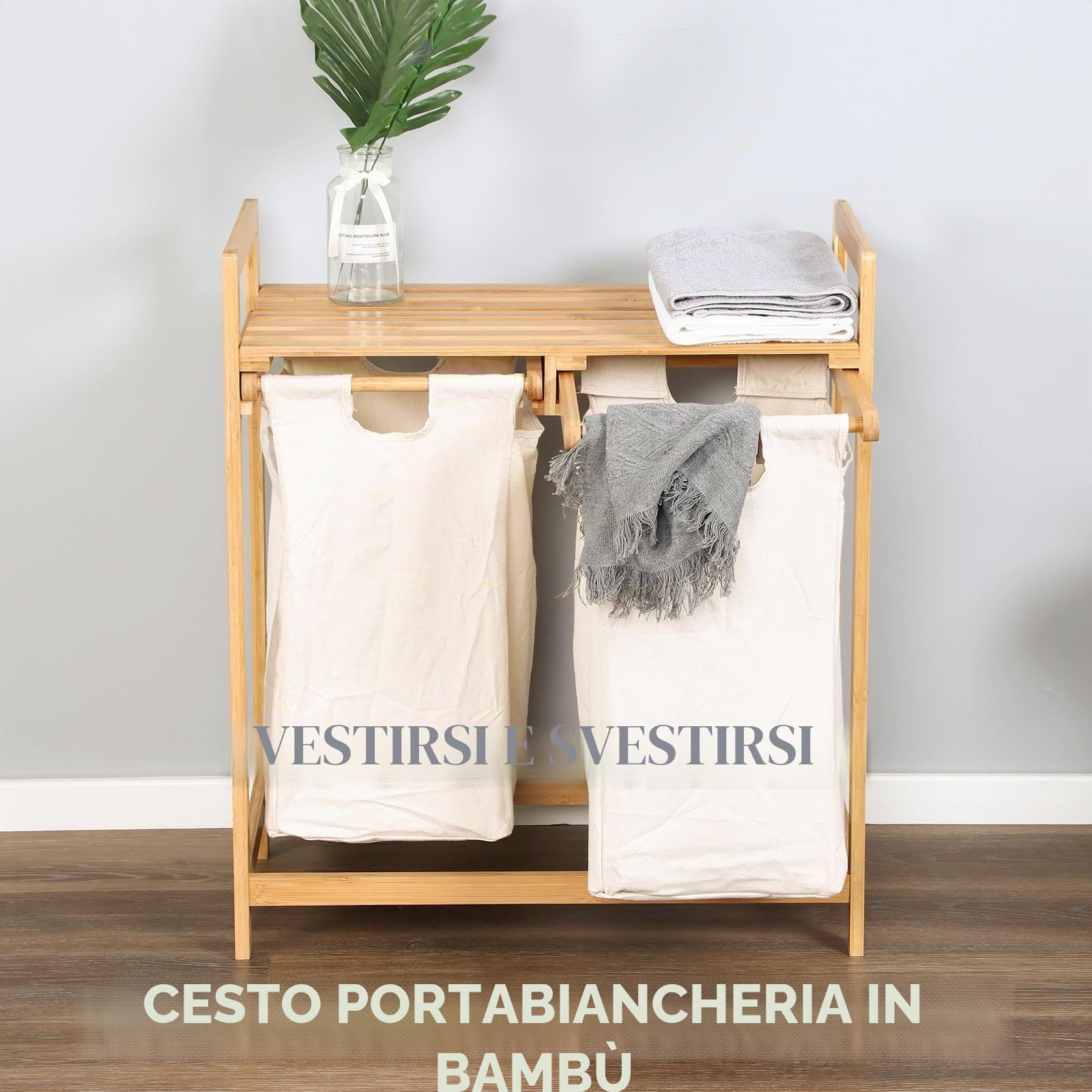 Floordirekt Cesto portabiancheria in bambù, con 2 scomparti, cesto portabiancheria per biancheria sporca, in legno con grande scatola per la biancheria (Dakota) (64 x 33 x 73 cm)