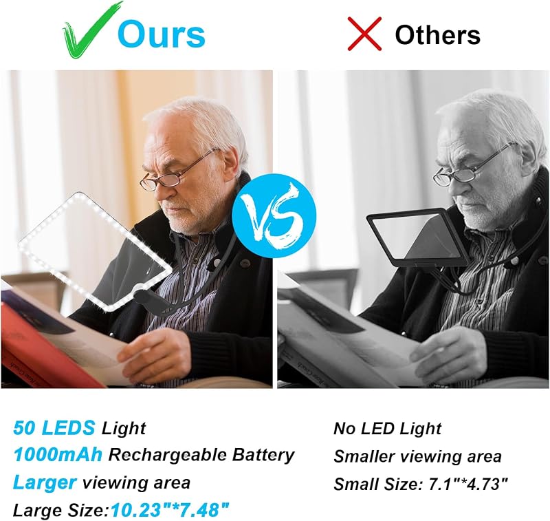 Ntrjtrss 5x Nagyító Lámpa 50 LED-del - Újratölthető, Kéz Nélküli Olvasó Nagyító Időseknek - 26x19 cm Rugalmas Nyakú Nagyítólencse Olvasáshoz