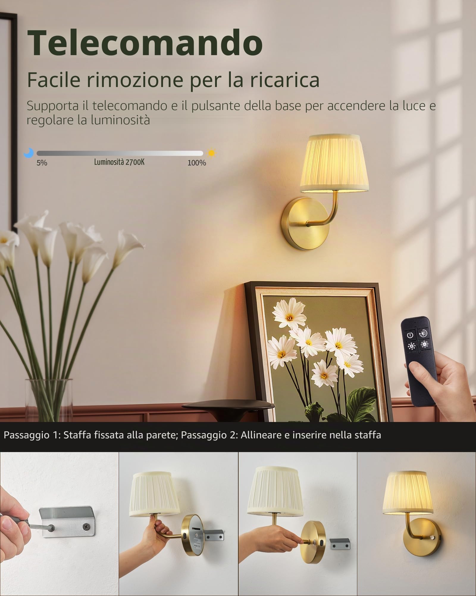 Set di 2 applique da parete ricaricabili, lampade da parete LED a intensità variabile, con interruttore touch e telecomando, batteria ricaricabile da 5200 mAh, con paralume in tessuto