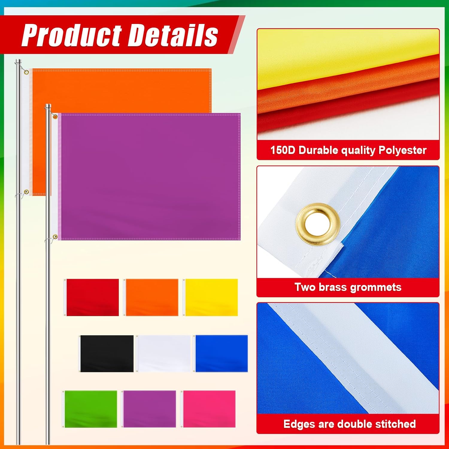 Mixweer 9 Pack 2 x 3 ft Solid Color Flags Multicolor Set Color Flag Plain DIY 150d Polyester Banner with Grommets for Outdoor Lawn DIY Garden Backyard Playground Decor