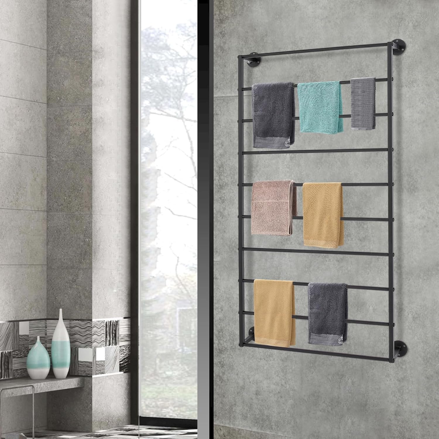 Wall Mounted Scarf Rack,Wall Display Rack,10 Layer Towels Storage Rack,Wall Wrapping Paper Ribbon Organizer,Silk Scarves Hijab Hanger for Flower Shop Retail Store (Black)