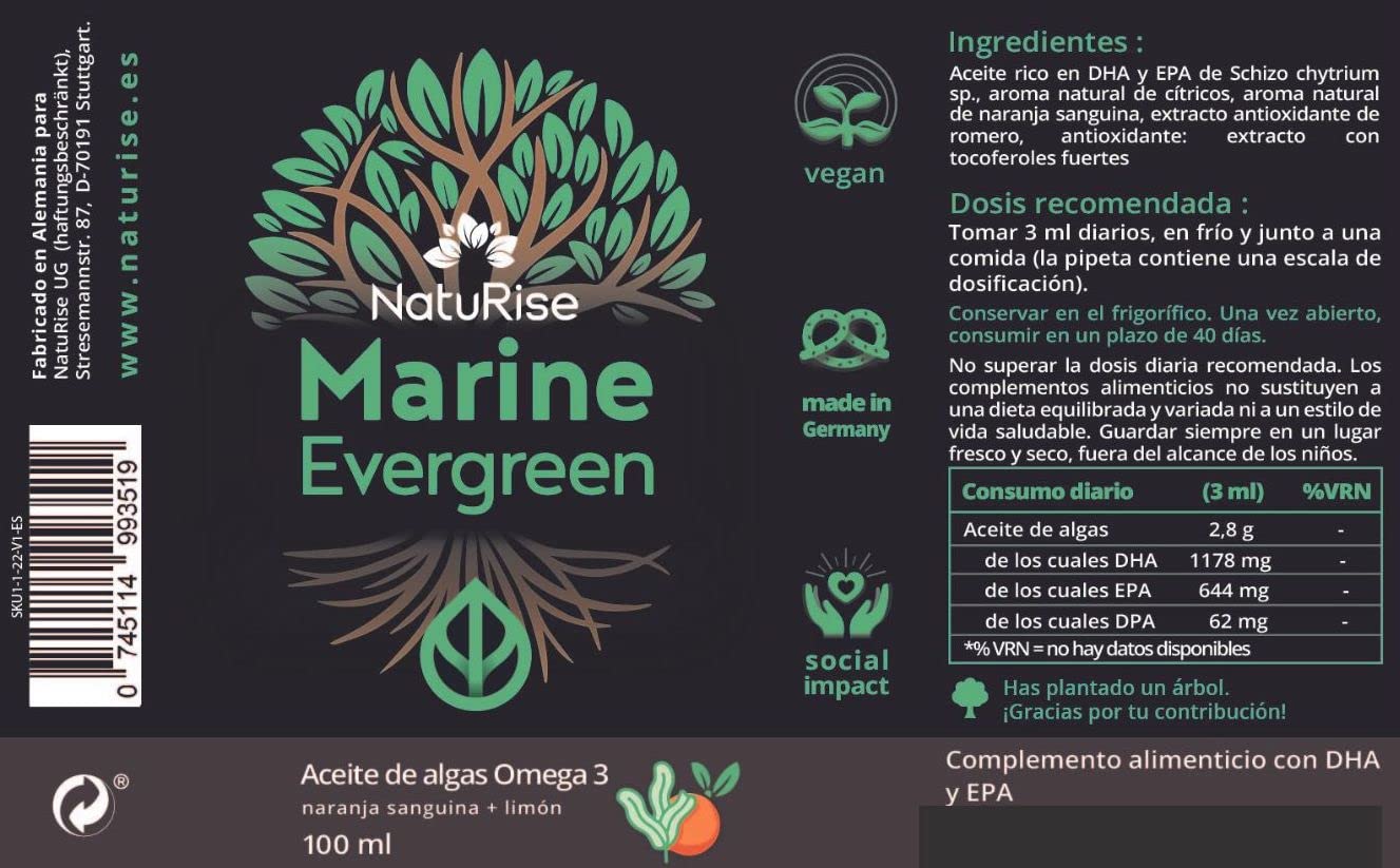 NatuRise® Omega 3 Vegano - Aceite de algas - 1822mg de DHA, EPA y DPA - Dosis alta - Probado en laboratorio - Forma de triglicéridos - Pipeta con escala de dosificación - Vidrio UV