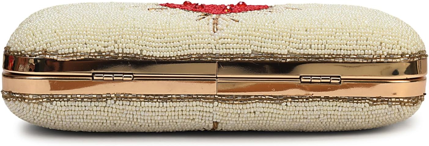 LONGING TO BUY Handcrafted Beaded Box Clutch Purse, Both Side Heart Design, Gold Chain Strap, 8.2x5x1.5 Inch