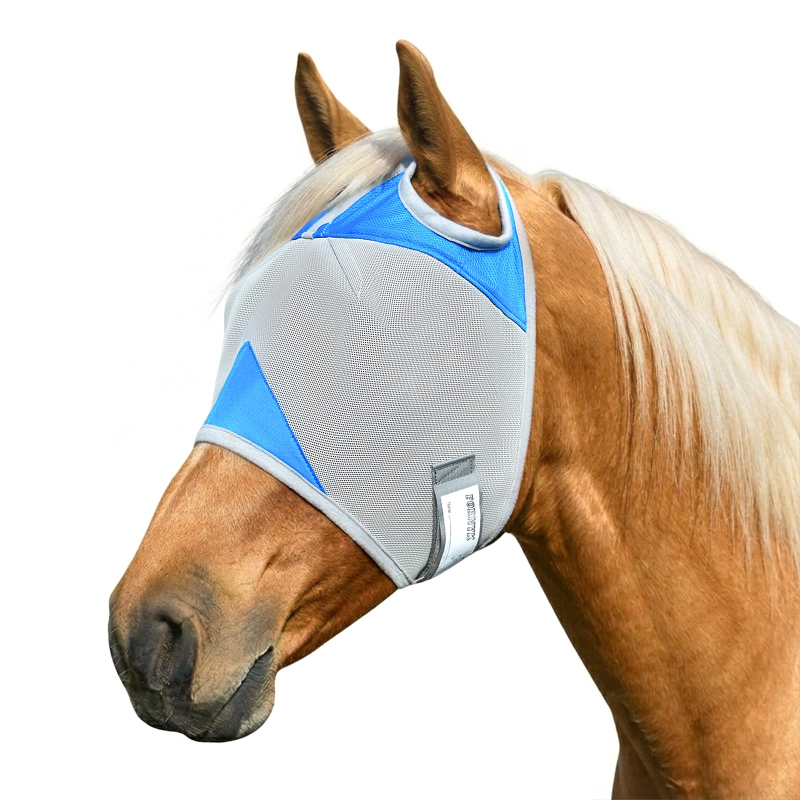 Maschera antimosche per cavalli, senza orecchie, targhetta scrivibile, protezione UV, imbottitura morbida, cinghia regolabile in , ideale per affluenza quotidiana e fienili multi-cavallo (blu