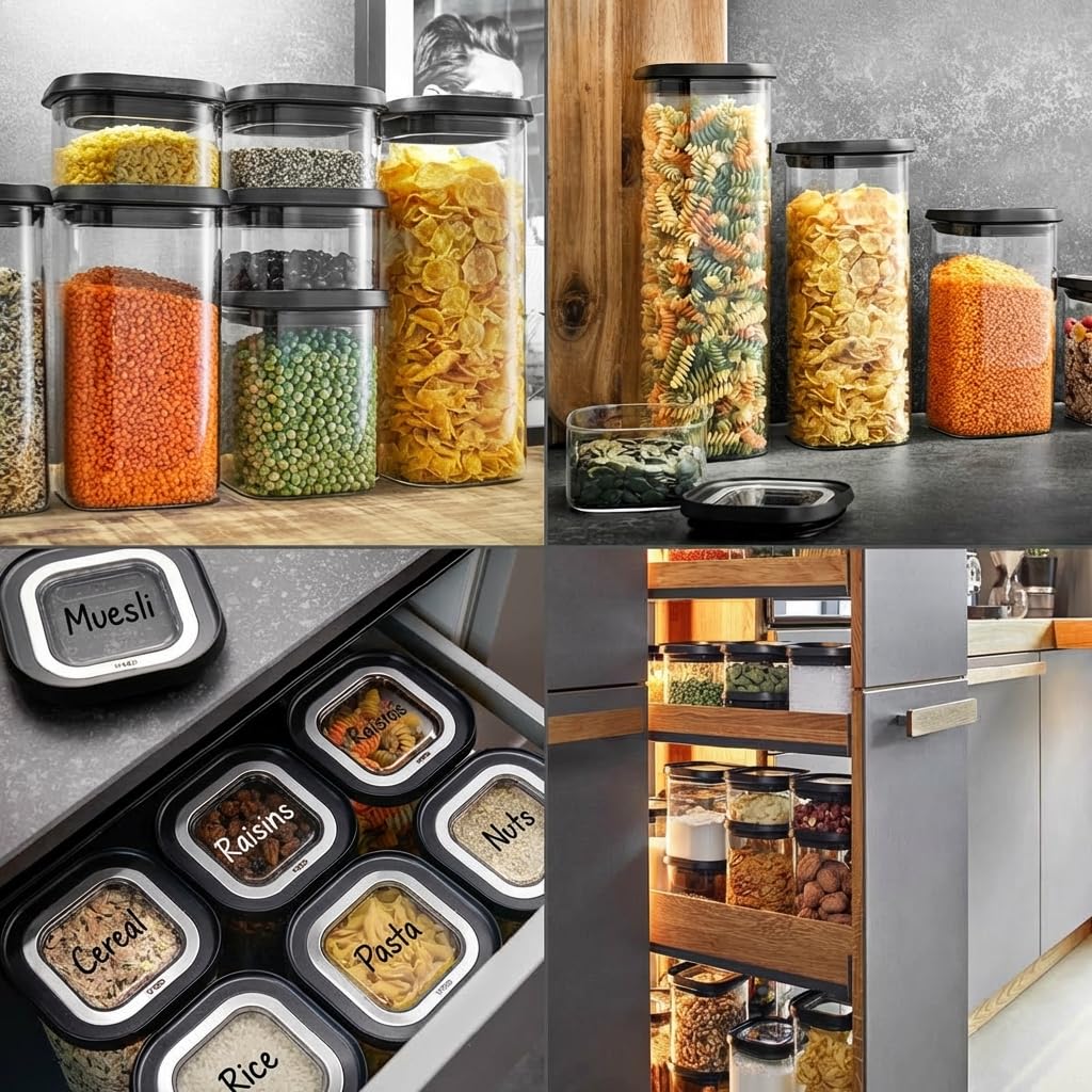 GEFU Set di contenitori PANTRY – Coperchio ermetico per alimenti, contenitori in vetro, lavabili in lavastoviglie, 4 pezzi