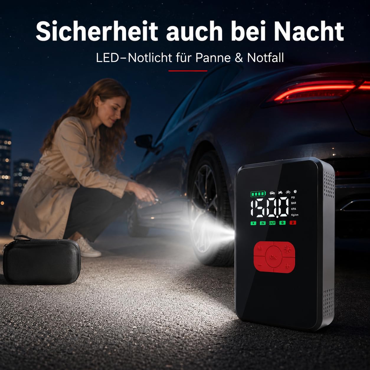 7000A Starthilfe 12V mit 26800 mAh Powerbank, 150 PSI Kompressor, LED-Notlicht SOS, 3,3" Display, Auto Motorrad Fahrrad Reifenpumpe, Pannenhilfe & Camping