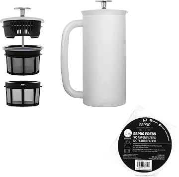 ESPRO - P7 French Press - Double Walled Stainless Steel Insulated Coffee and Tea Maker with Micro-Filter - Keep Drinks Hotter for Longer Matte White, 18 Oz Coffee Paper Filters 100 Count