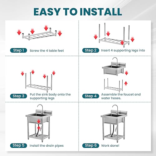 Miniatura 7 de Fregadero utilitario de acero inoxidable de pie individual para lavandería, fregadero de cocina comercial al aire libre con tubo frío caliente para
