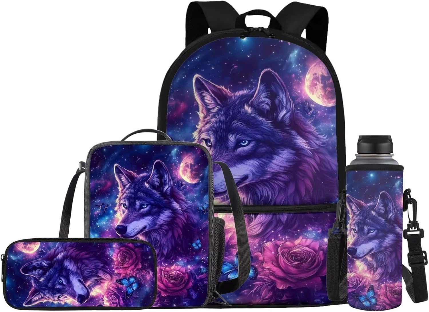 JEOCODY Wolf Backpack for Girls Kids School Bag with Lunch Bag Pencil Case and Water Bottle Holder 4 PCS Backpack Accessories School Daypack Travel Bag Satchel Bagpack