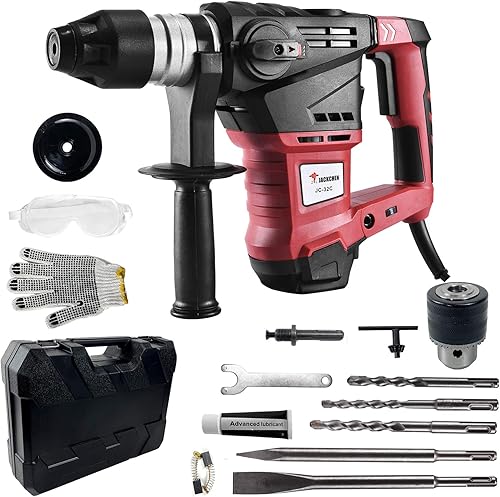 JACKCHEN - Taladro de martillo giratorio de 14.6 amperios, 1-14 pulgadas SDS-Plus, taladro eléctrico 6J 1100BPM4700RPM, 3 funciones, ideal para