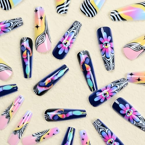 Miniatura 3 de Uñas postizas largas a presión para Halloween, uñas postizas acrílicas negras, diseño de ojos de flores y hongos, uñas artificiales de verano para