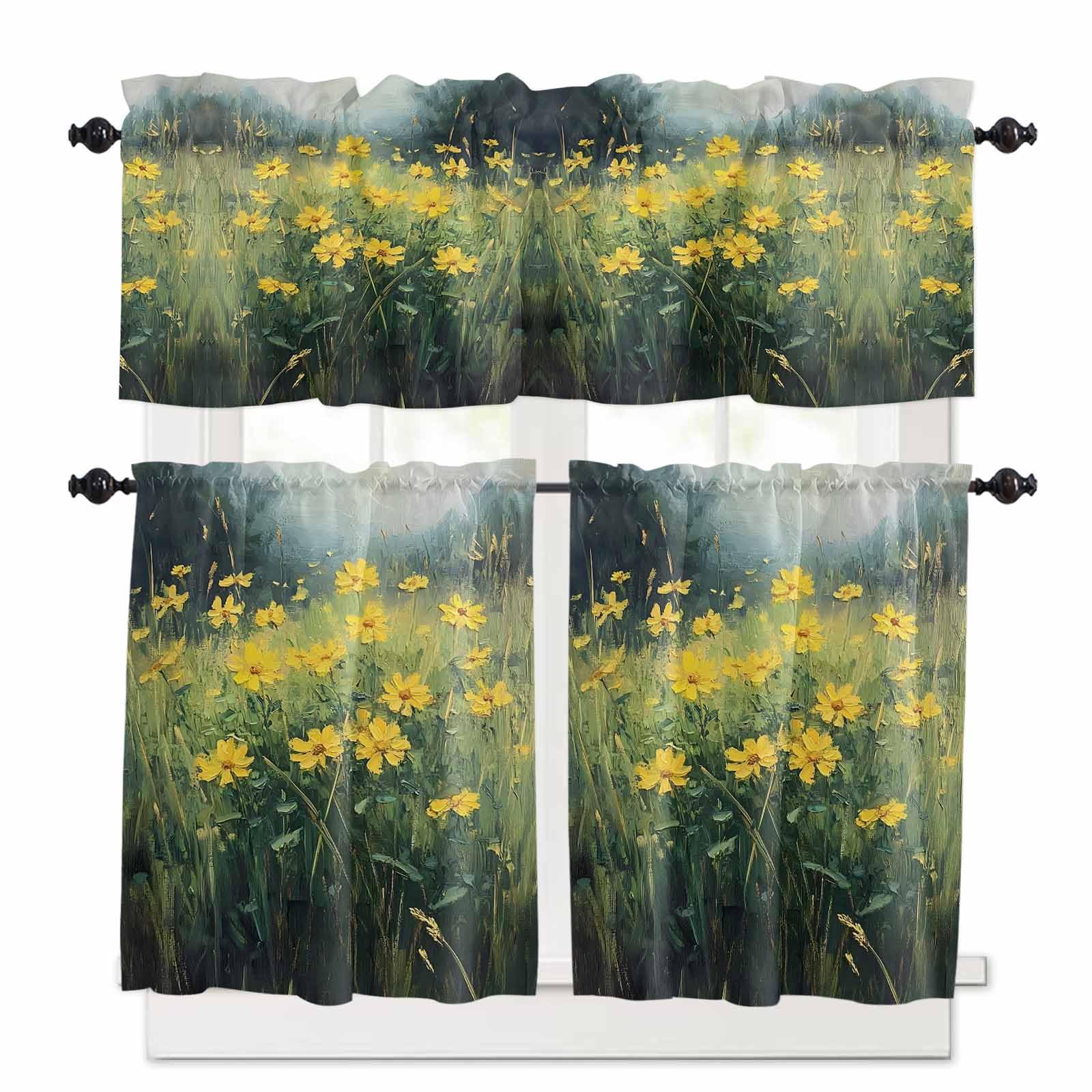 Yellow Spring Floral Kitchen Curtains 36 Inch Length,3 Piece Rod Pocket Small Half Tiers and Valance Set,Green Botanical Modern Oil Painting Small Large Window Treatment Decor for Bedroom/Bathroom