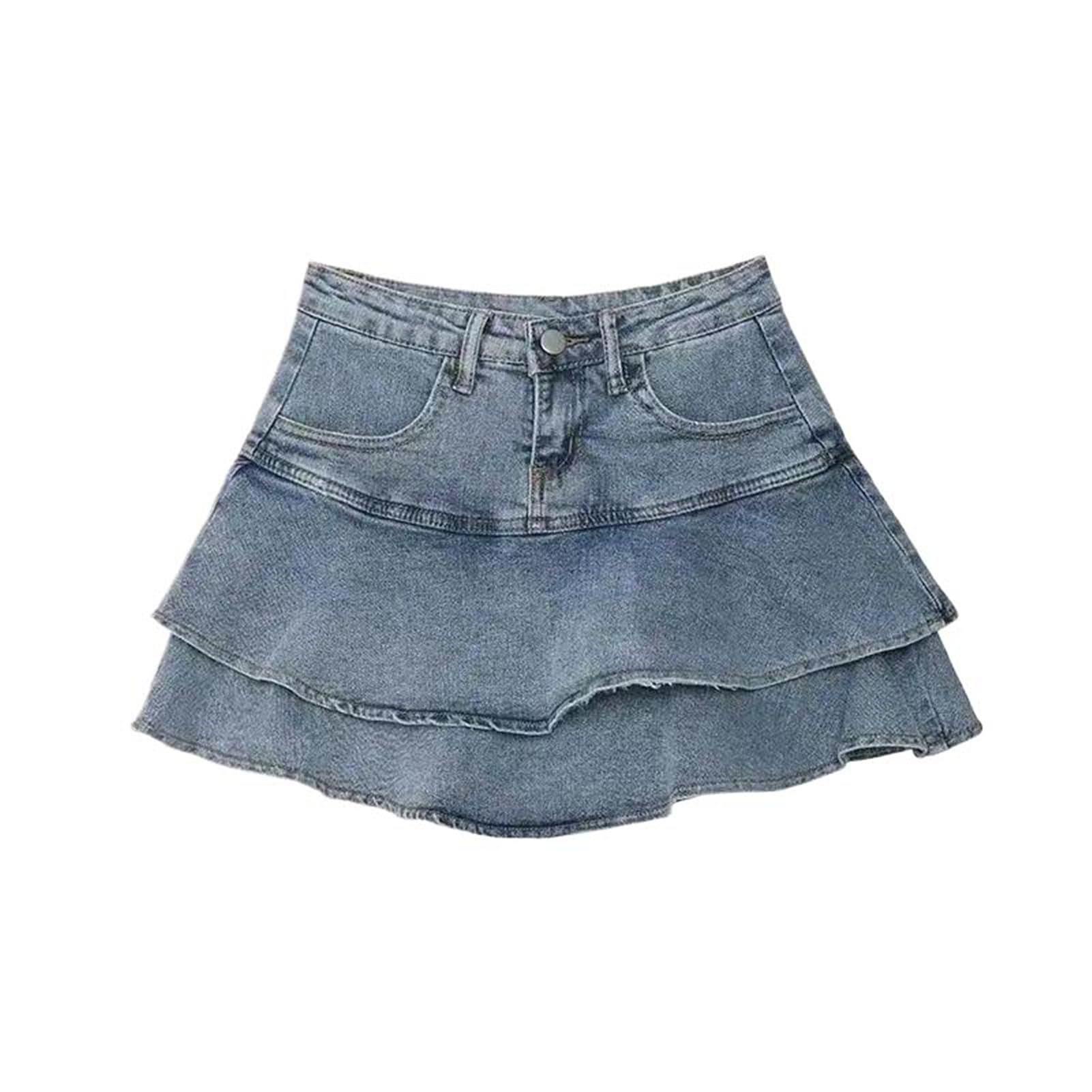 Mini jupe à volants denim avec patchwork asymétrique et taille haute - 8