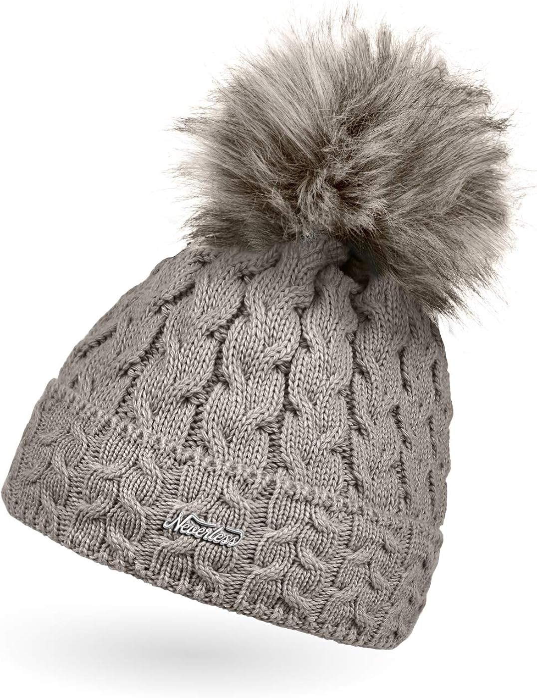 Neverless® Women's Knitted Hat Lined Fur Bobble Faux Fur Winter Hat
