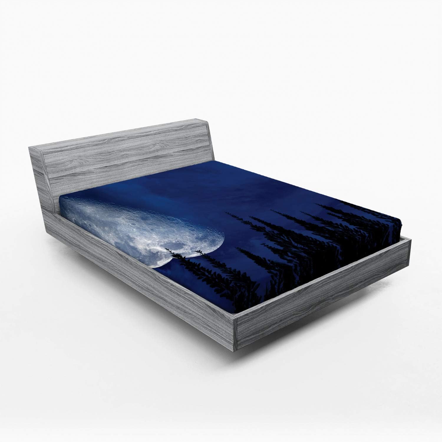 Ambesonne Half Moon Fitted Sheet, Mystery Night Over Forest Silhouette, Bed Cover with All-Round Elastic Deep Pocket for Comfort, Full Size, Night Blue